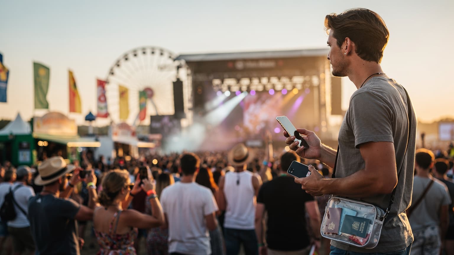 Млада жена с фестивална гривна, усмихваща се, докато държи телефон на музикален фестивал в Берлинския квартал Кройцберг, на фона на вечерно небе и осветена сцена.