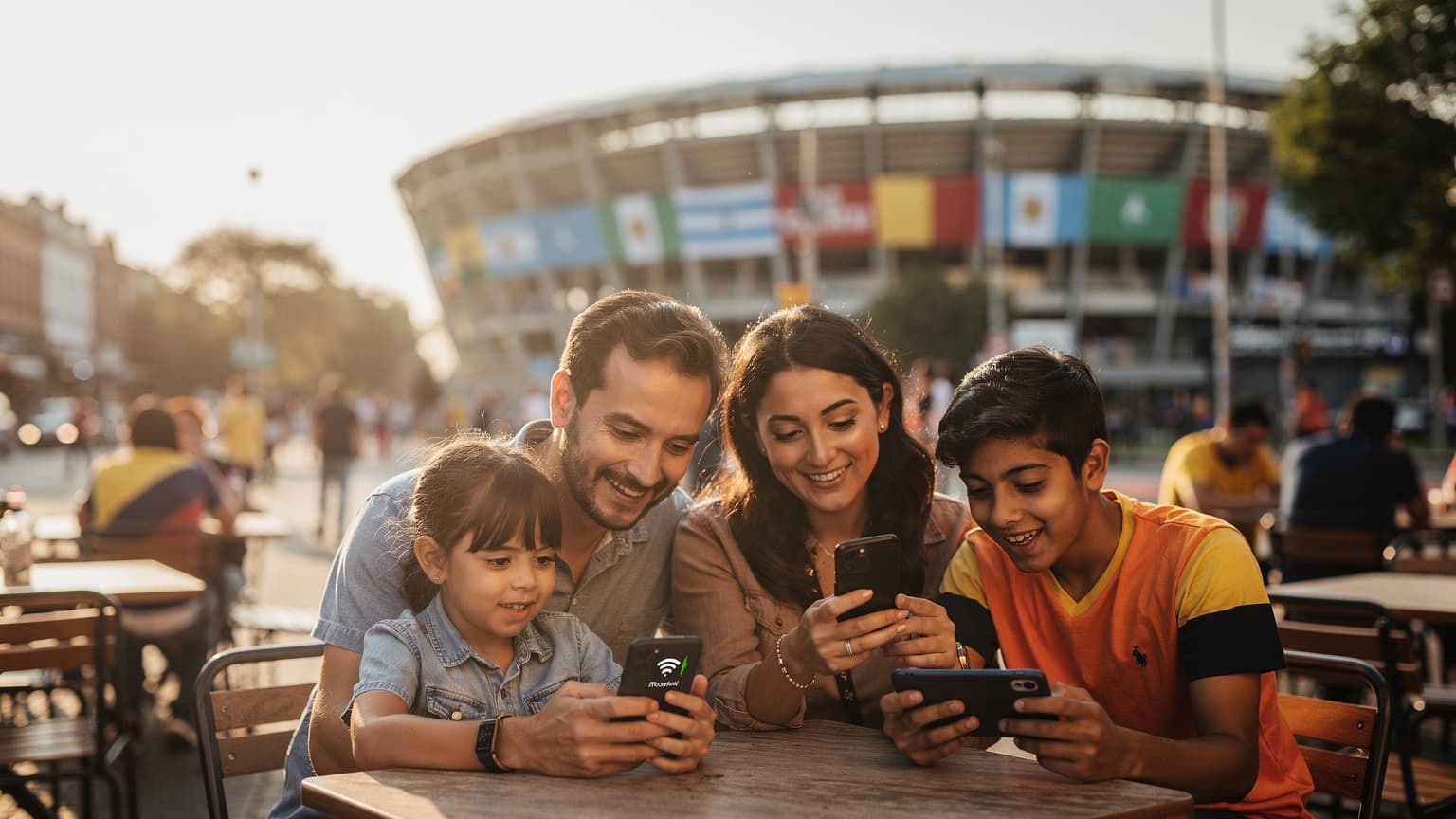 Una familia, con dos niños pequeños, ríe mientras ve un partido de fútbol en un tablet en un café al aire libre en Buenos Aires, Argentina, con edificios coloniales de fondo.
