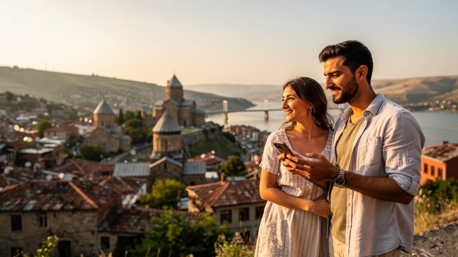 Kurban Bayramı tatilinde Gürcistan'da, Batum sahilinde genç bir Türk gezgin, elinde akıllı telefonunu tutarak denize ve dönme dolaba bakıyor, hafif rüzgarda saçları dalgalanıyor.
