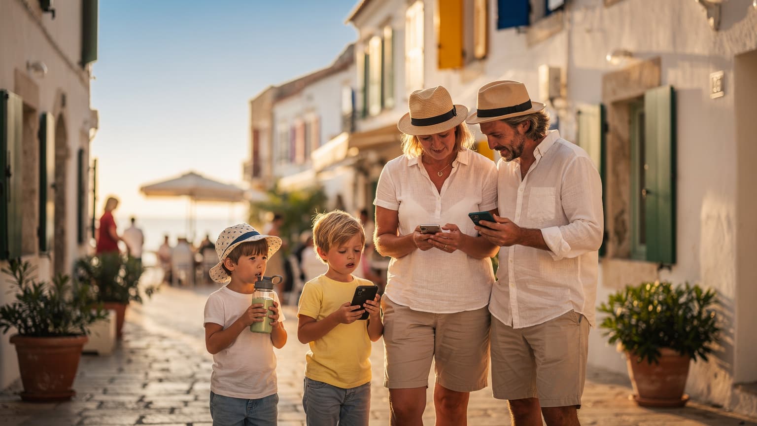 En familie på fire, to voksne og to barn, sitter avslappet ved et utendørs kafébord i Roma, Italia, under en markise som gir skygge fra en varm sommerdag. Barna ser på en iPad, mens foreldrene nipper til drikke og smiler, med Colosseum svakt i bakgrunnen.