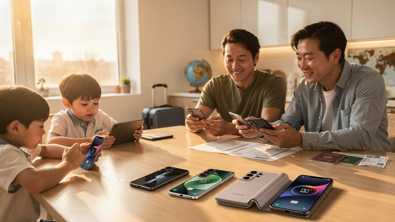 서울 명동 거리에서 한 가족이 갤럭시 스마트폰으로 eSIM 설정을 확인하며 활짝 웃고 있는 모습.