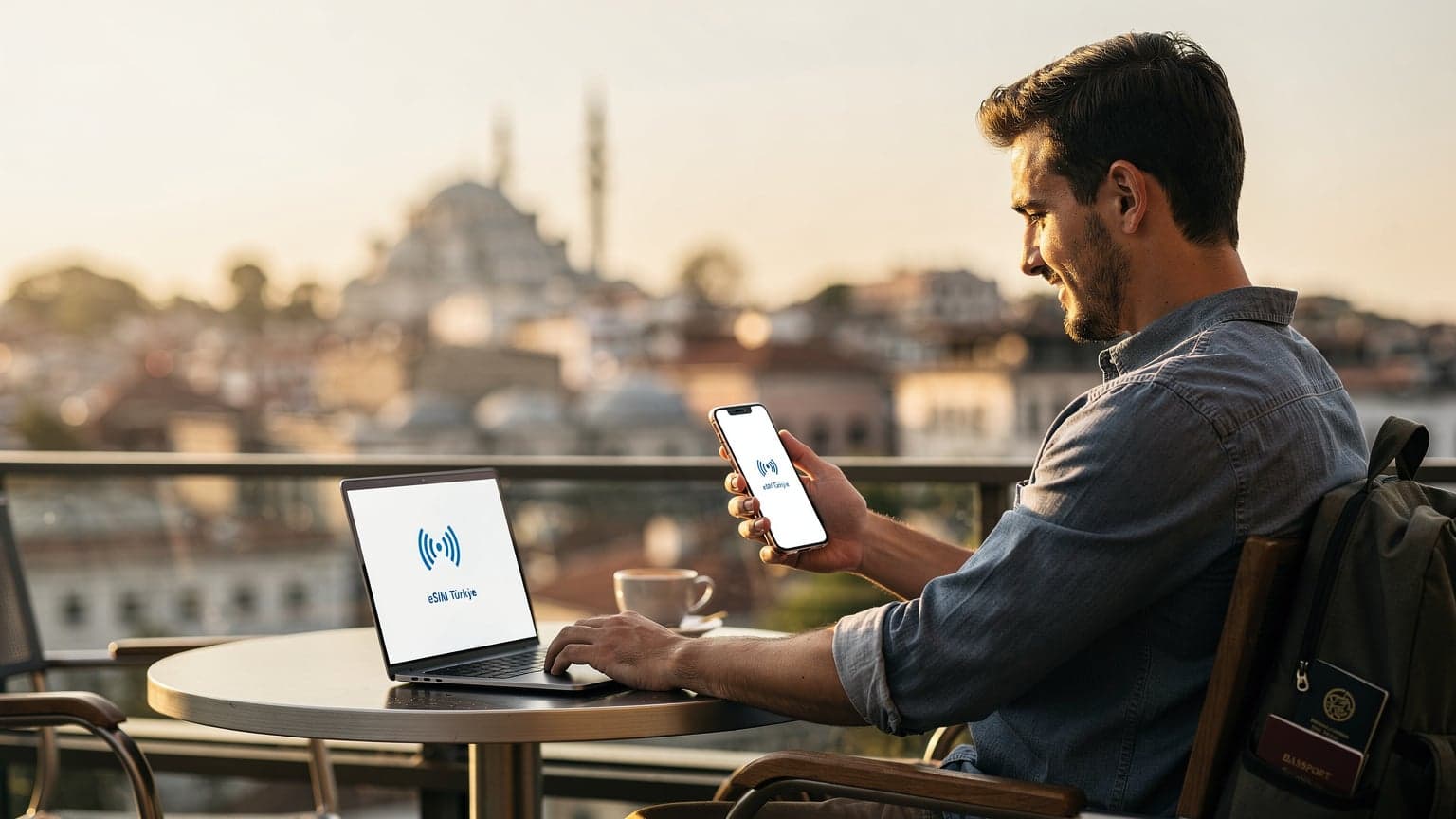 İstanbul'daki bir kafede dizüstü bilgisayarında çalışan ve cep telefonunda eSIM ayarlarını kontrol eden bir dijital göçebe.