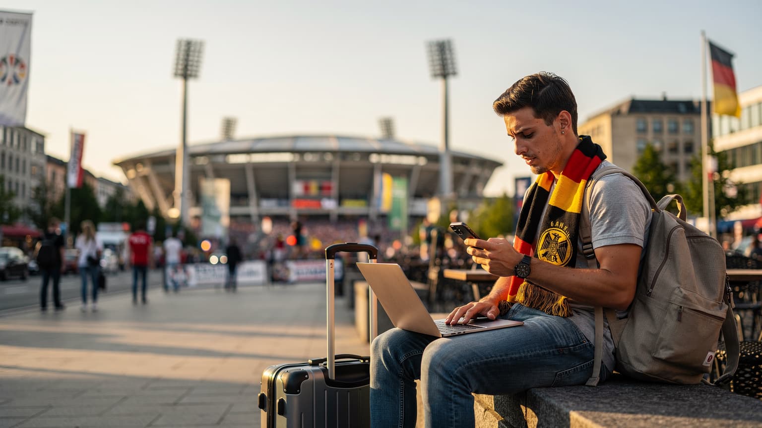 Młody mężczyzna, kibic piłki nożnej, sprawdza swój telefon z uśmiechem na twarzy, siedząc na trybunach stadionu w Niemczech podczas meczu Euro 2026.