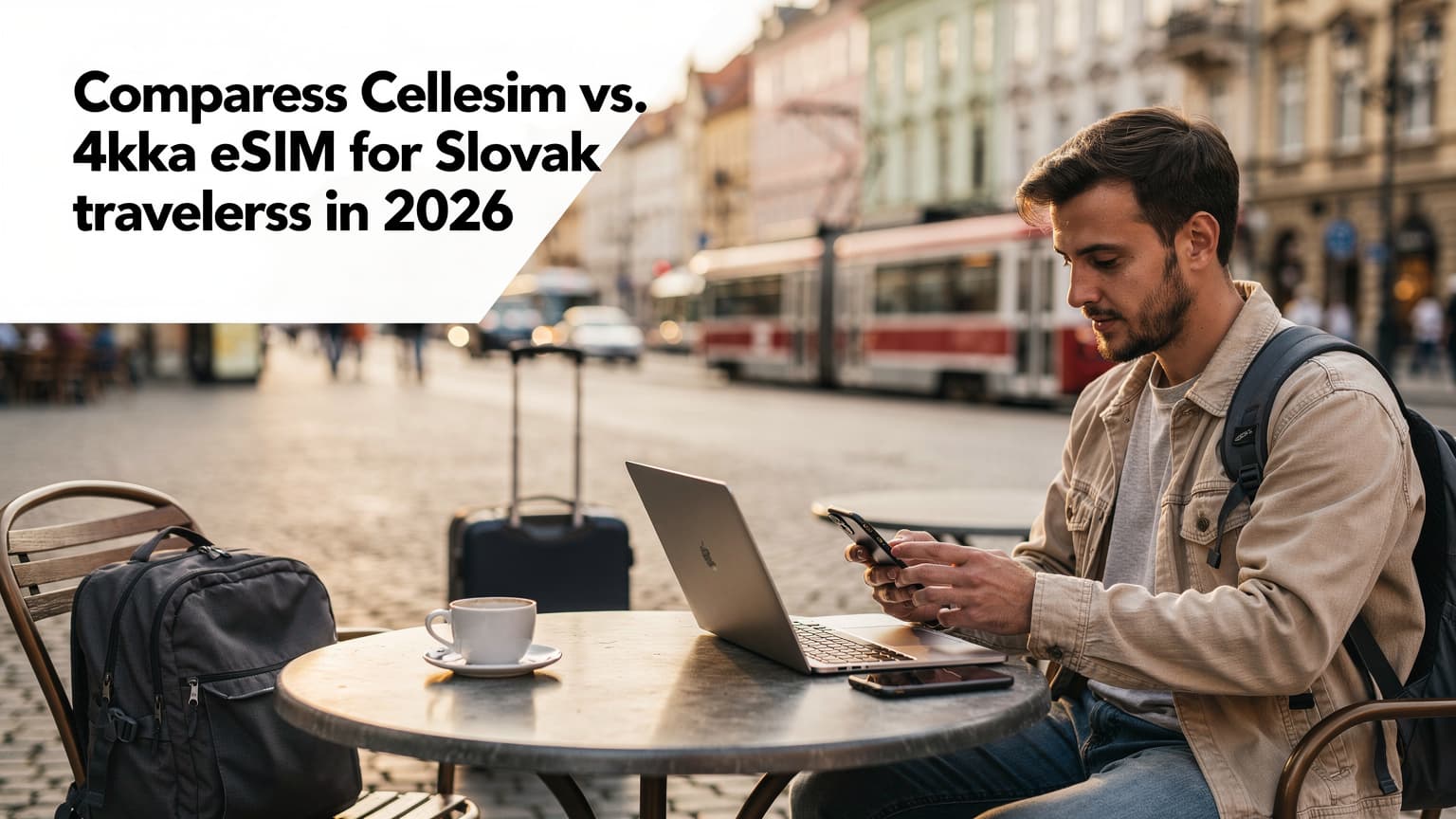 Žena sediaca v kaviarni v Lisabone, pozerajúca sa na telefón s otvorenou mapou, s kávou a pastel de nata na stole, zatiaľ čo kontroluje pripojenie svojej eSIM.