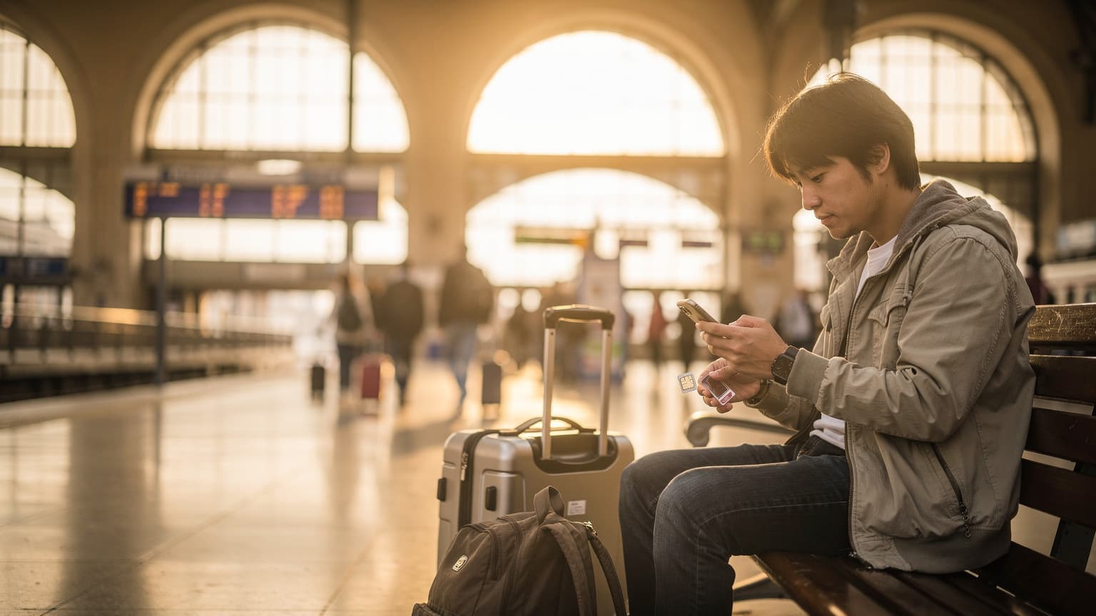 東京駅丸の内口の改札前で、スーツケースを片手にスマートフォンを操作し、eSIMの設定を確認している旅行者の日本人女性の姿。