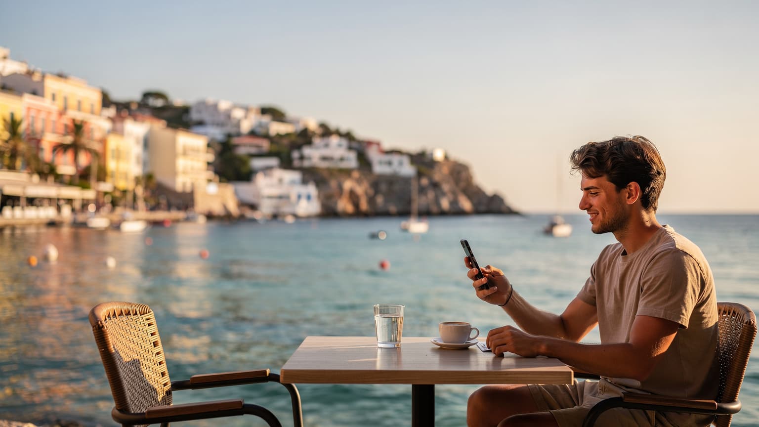 Une femme utilisant un smartphone pour consulter une carte, assise à une table de café en plein air à Oia, Santorin, avec une vue sur la mer Égée et les célèbres maisons blanches en arrière-plan.