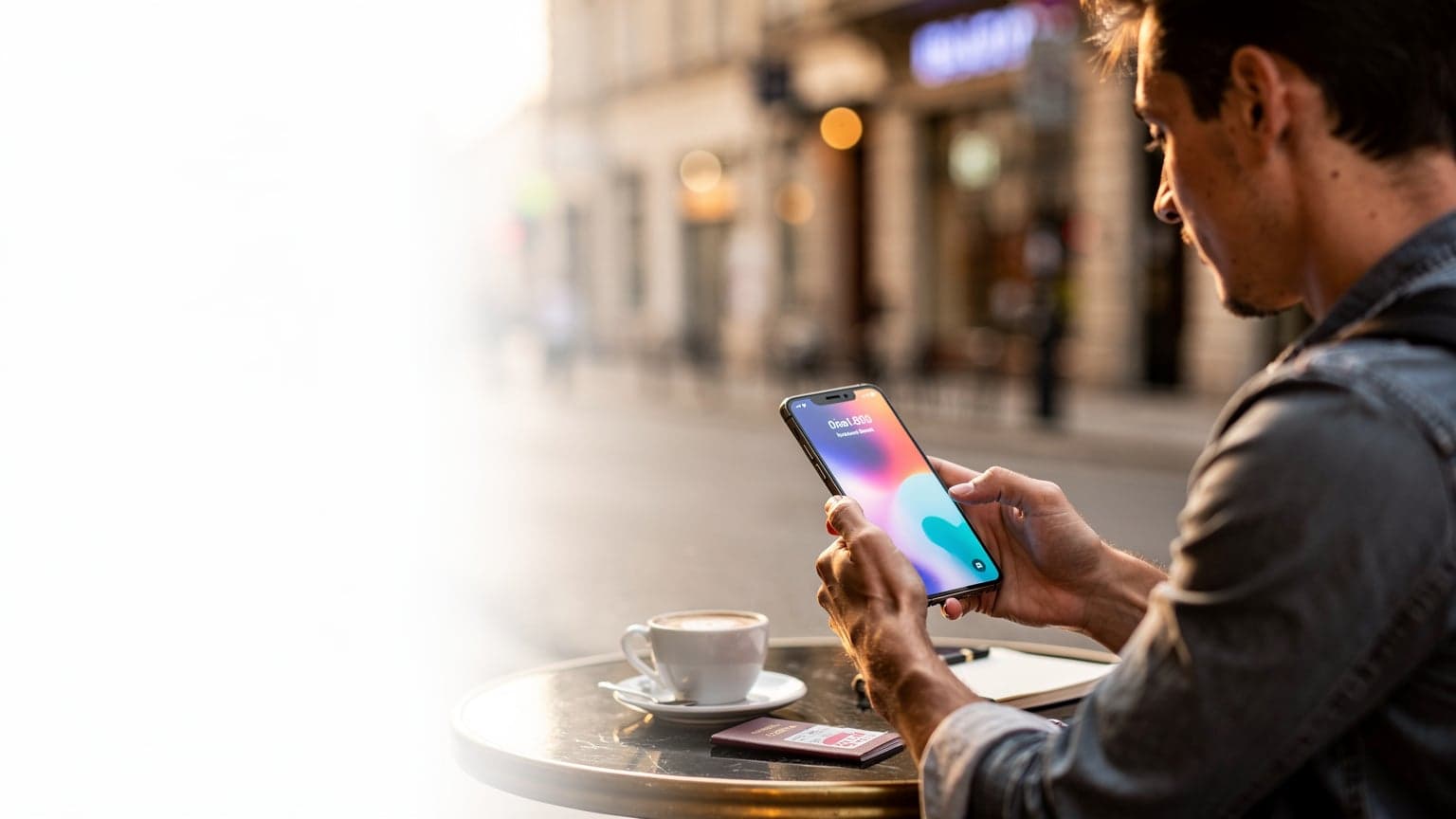 İstanbul Havalimanı dış hatlar terminalinde, elinde telefonuyla eSIM hız testi sonuçlarına bakan genç bir sırt çantalı gezgin. Güneş terminalin büyük camlarından içeri vuruyor, hafif bir telaş hissi var.