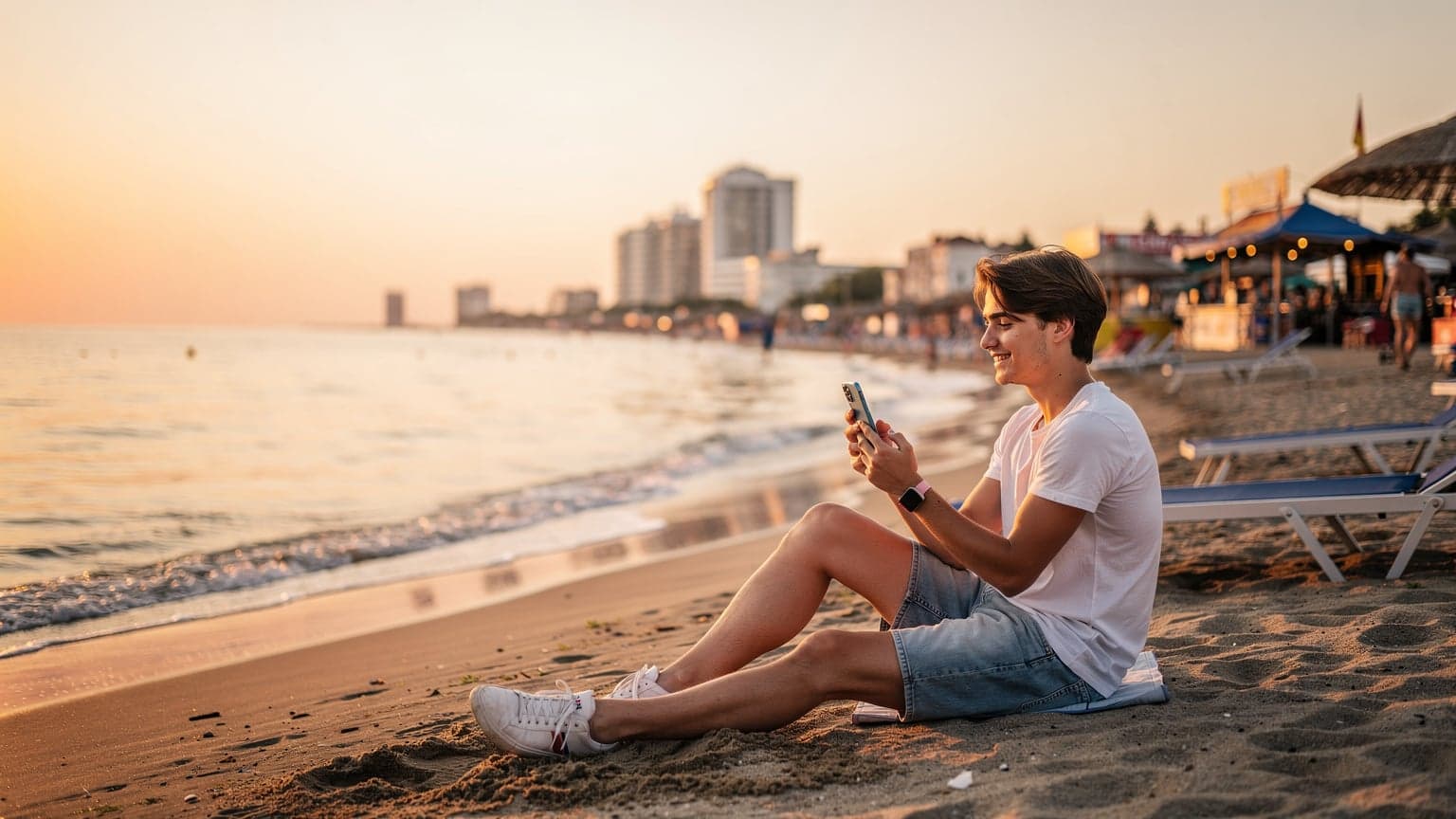 O tânără zâmbește, privind spre Marea Neagră, în timp ce ține un telefon cu ecranul luminat, pe o terasă în Mamaia la apus.