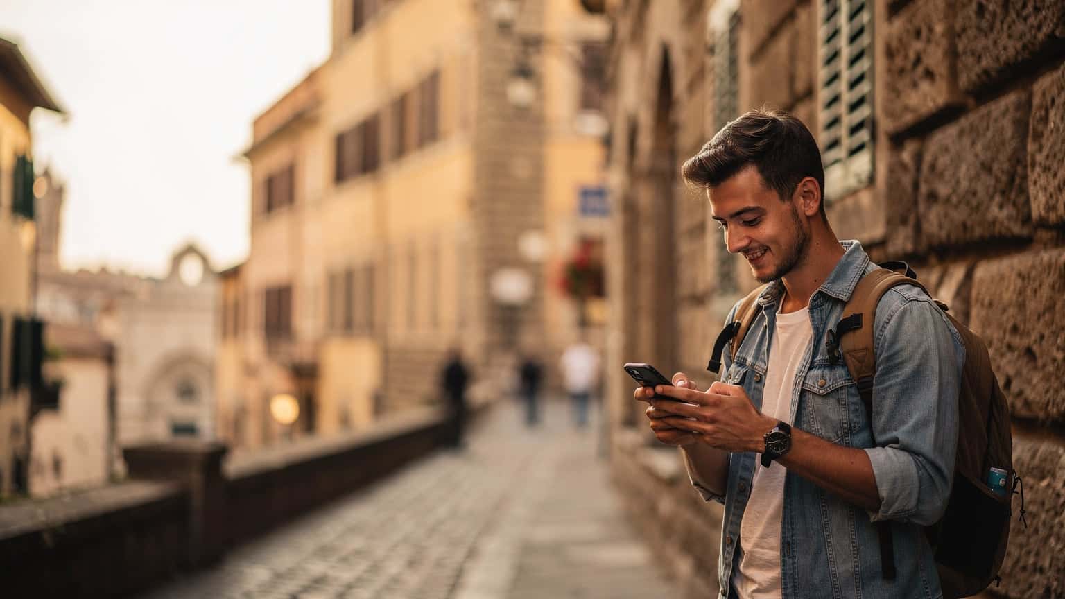 A woman sits at an outdoor cafe in Florence, Italy, looking at her phone with a coffee and pastry on the table, surrounded by historic buildings.