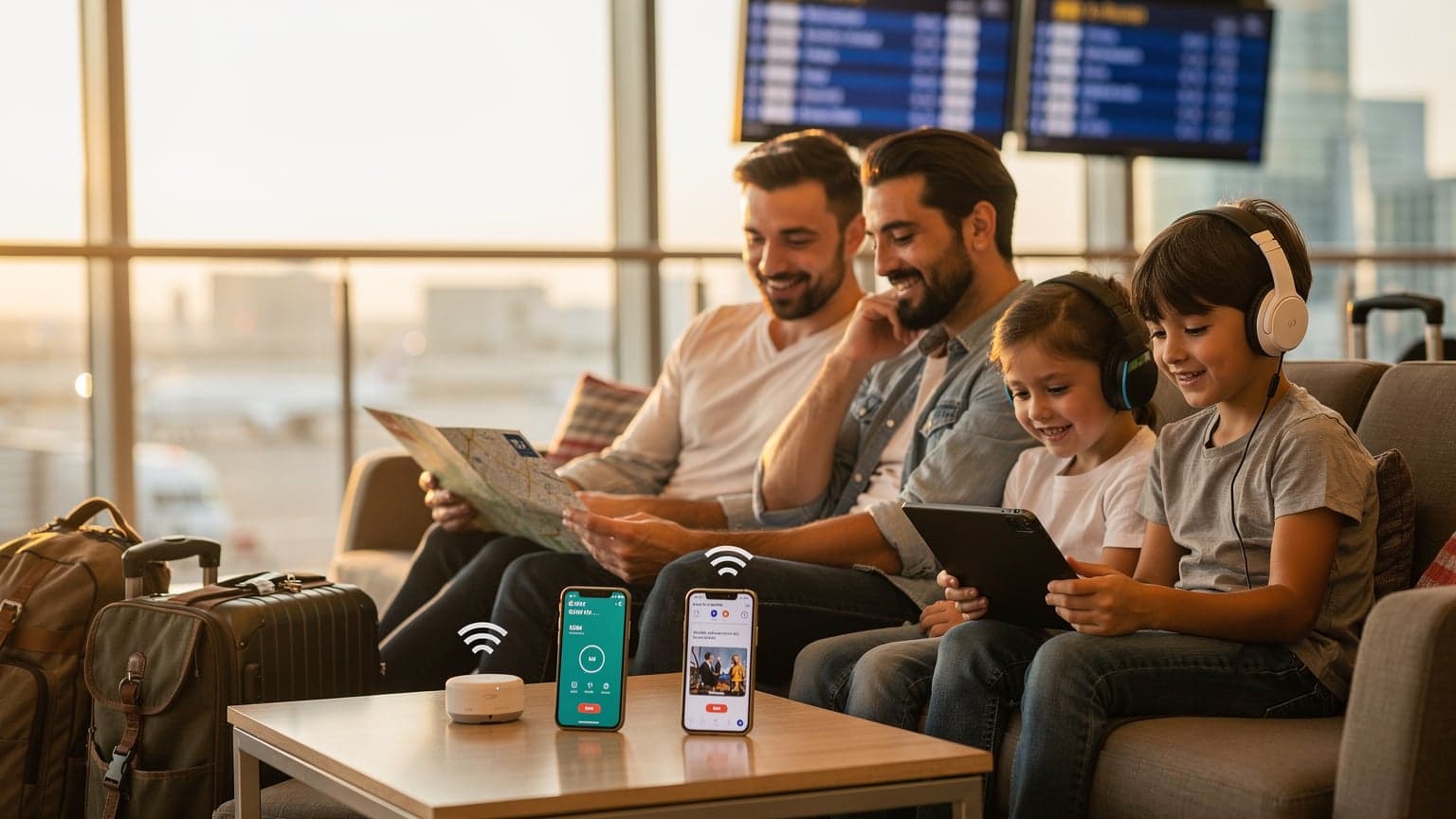 İstanbul Havalimanı'nda, bir anne elinde cep eSIM cihazı ve akıllı telefonuyla, çocuklarının tabletlerinde çizgi film izlediği sırada gülümsüyor, arka planda uçaklar görünüyor.