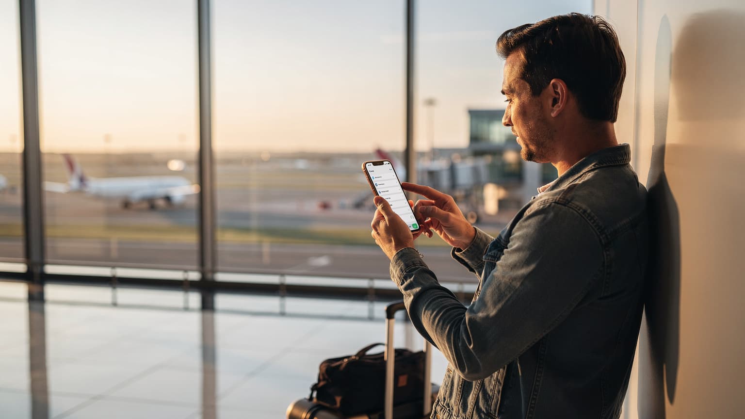 A young man with a backpack checking his phone for an eSIM signal at a bustling airport gate in Frankfurt, Germany, with a large departure board in the background.