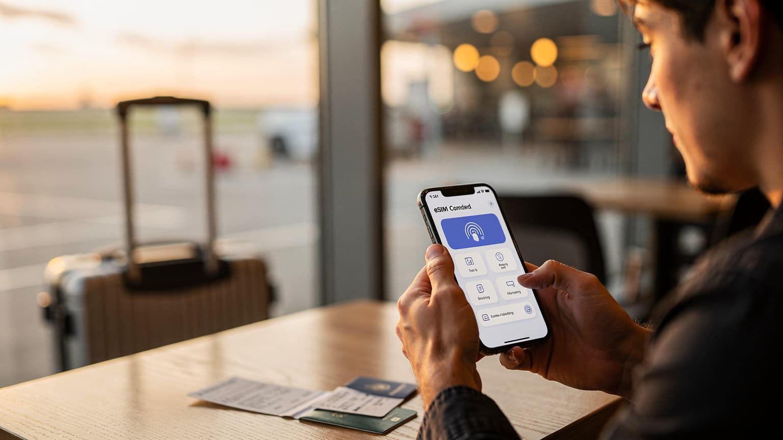شاب عربي يبتسم وهو ينظر إلى شاشة هاتفه الذكي من طراز Samsung Galaxy في يده اليسرى، بينما يقف في منطقة حديقة خضراء هادئة في دبي، مع أبراج خليج الأعمال في الخلفية.