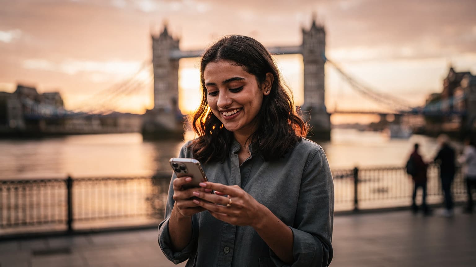 Una viaggiatrice sorride mentre naviga sul suo smartphone, con il Tower Bridge di Londra visibile sfocato sullo sfondo durante il tramonto.