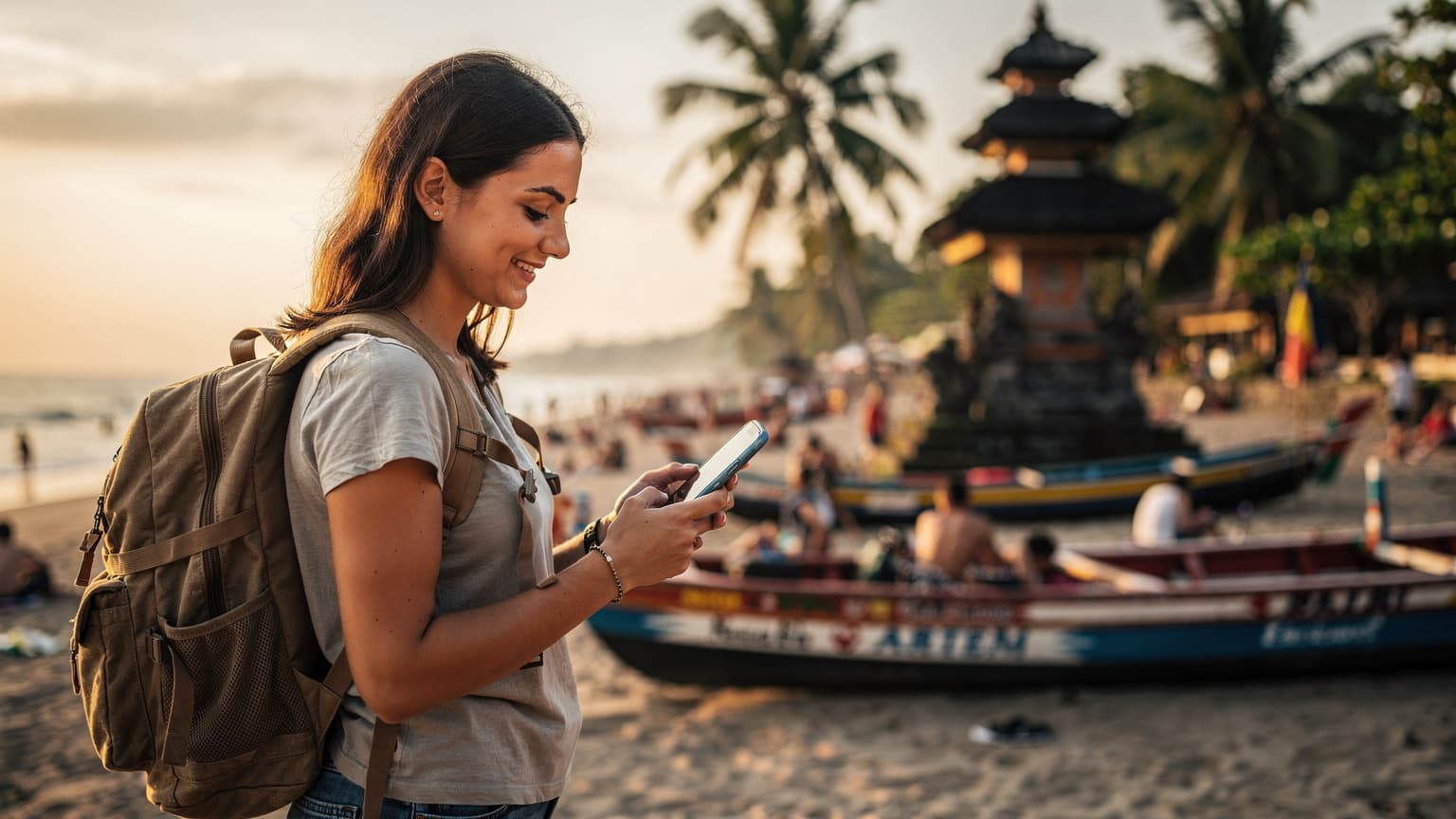 O tânără româncă cu un rucsac, zâmbind, consultând harta pe telefonul ei cu un eSIM activat, pe o plajă vibrantă din Bali, cu palmieri și temple exotice în fundal, la apus.