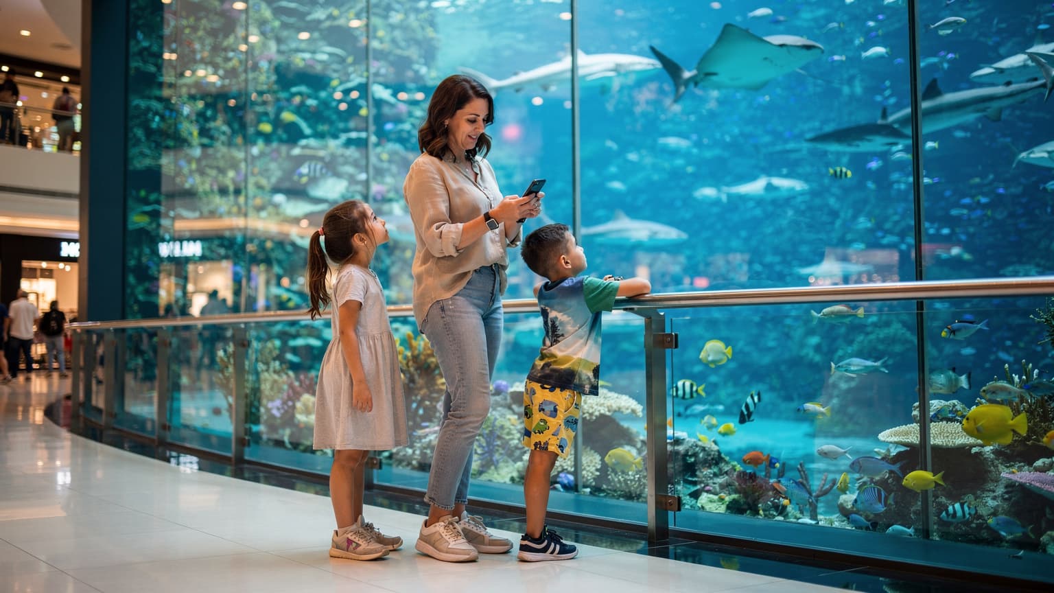 Eine lachende Mutter, die in der Dubai Mall auf ihr Smartphone schaut, während ihre beiden Kinder, etwa 8 und 10 Jahre alt, fasziniert ein riesiges Aquarium beobachten.