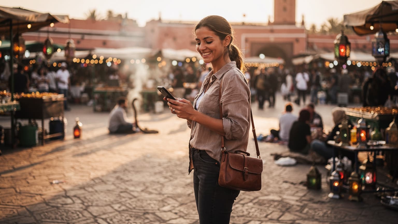 Une femme souriante, consultante un smartphone avec un fond flou de la place Jemaa el-Fna à Marrakech, avec des lanternes traditionnelles et des marchands en arrière-plan sous un coucher de soleil doré.