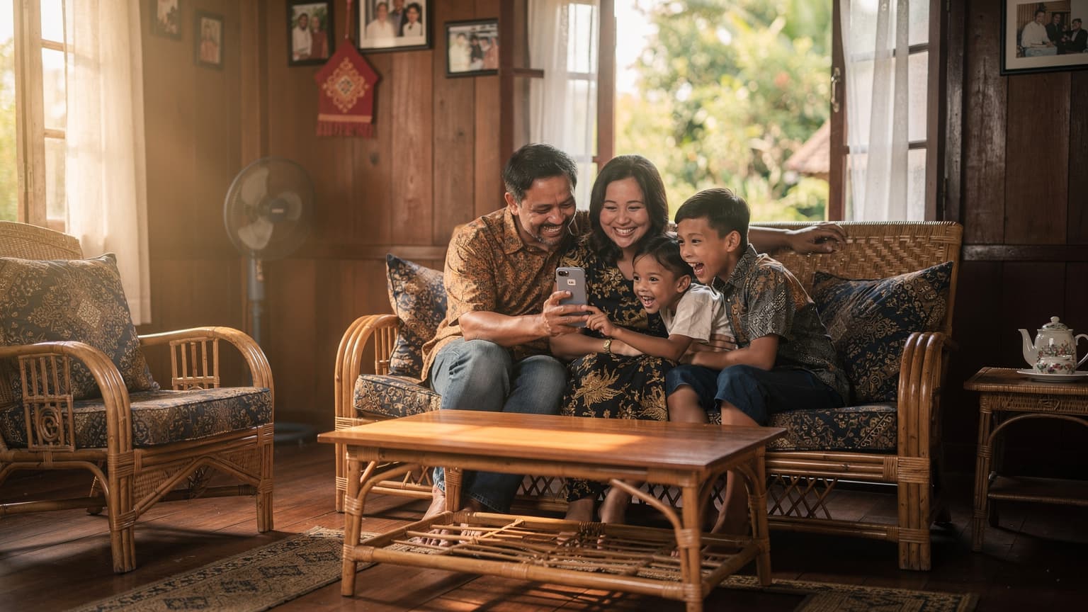 Sebuah keluarga Malaysia, dengan dua orang anak kecil, sedang melakukan panggilan video di ruang tamu rumah kampung yang tradisional, disambungkan melalui telefon pintar yang menunjukkan ikon eSIM aktif.