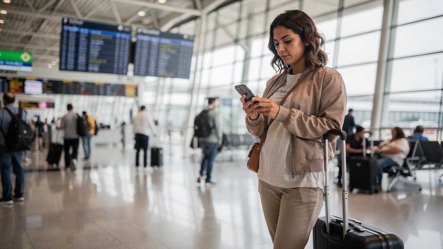 Uma mulher brasileira, com expressão decidida, segurando um smartphone com a tela ligada, em um saguão movimentado do Aeroporto Internacional de Guarulhos, com malas de viagem e painéis de voos ao fundo.