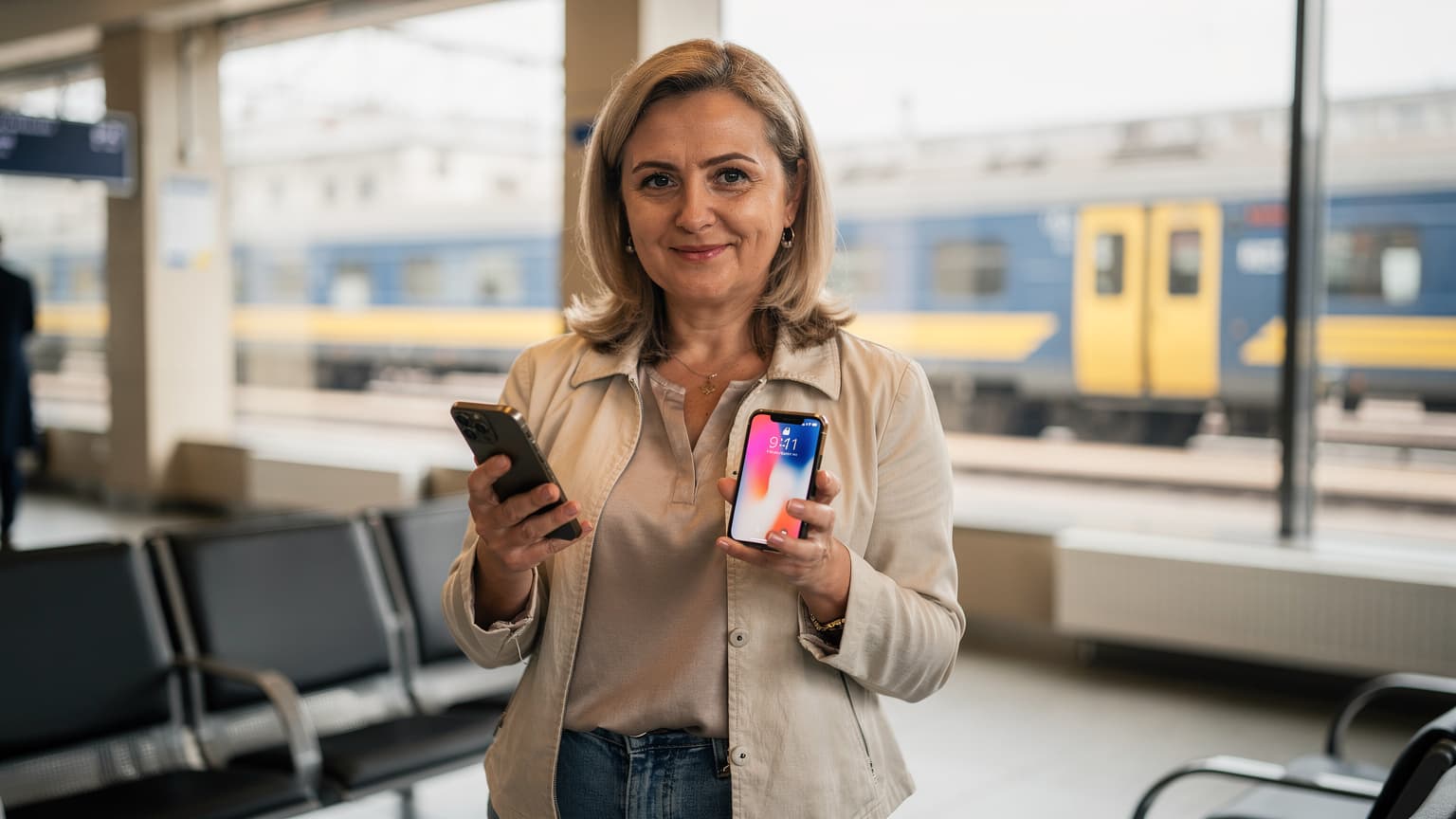 Жінка середнього віку з України, Олена, посміхається, тримаючи в руках два смартфони, переносячи eSIM на новому iPhone 17 Pro Max на тлі Київського вокзалу, за вікном видно потяг Укрзалізниці, що прибуває.