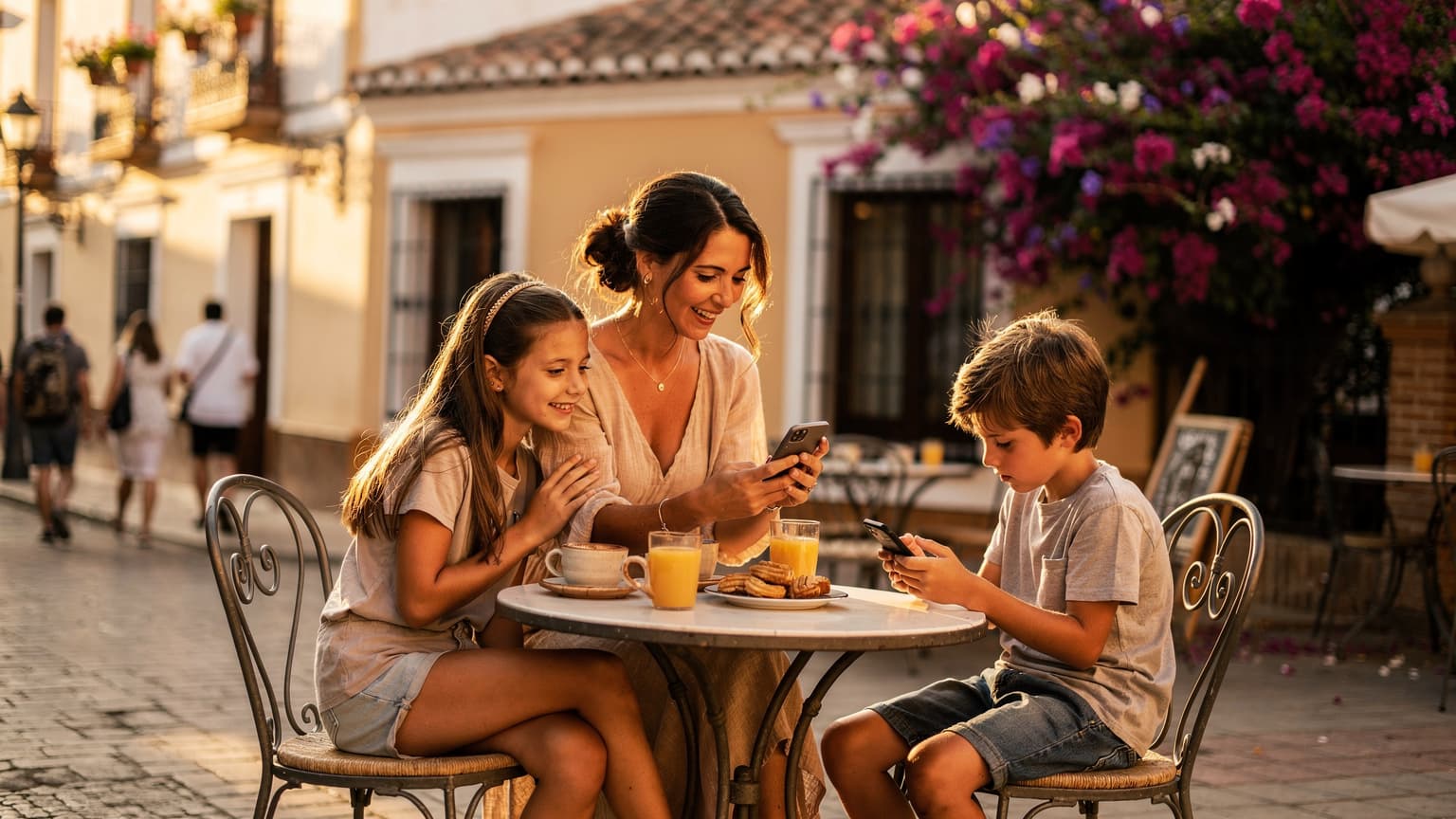A mother and her two children, aged around 8 and 10, sitting at a cafe table on a bustling street in Seville, Spain, looking at their iPhones with cheerful expressions.
