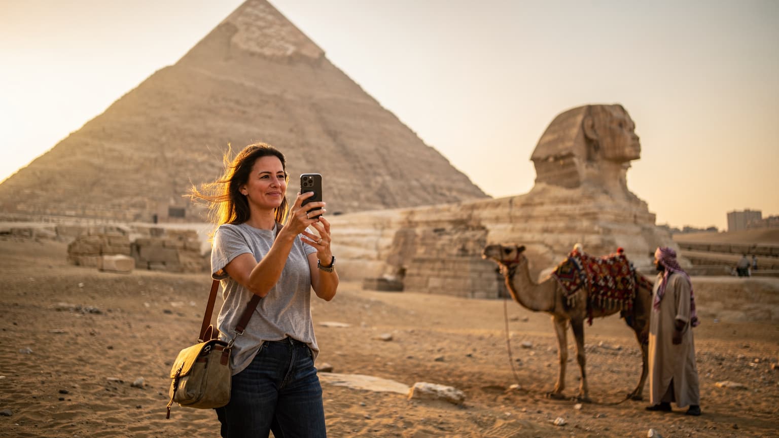 Una mujer viajera con un teléfono en la mano, tomando una foto de las pirámides de Giza al amanecer, con un dromedario en el fondo.