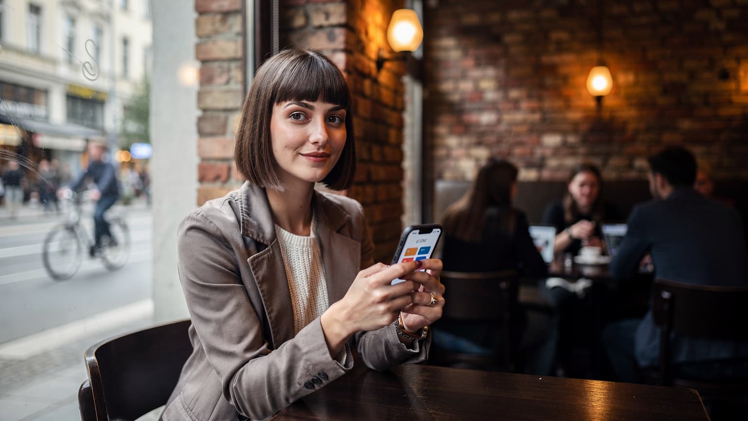 Eine junge Frau sitzt entspannt an einem Tisch in einem belebten Café in Berlin-Mitte, während sie auf ihrem Smartphone eine eSIM-App betrachtet.