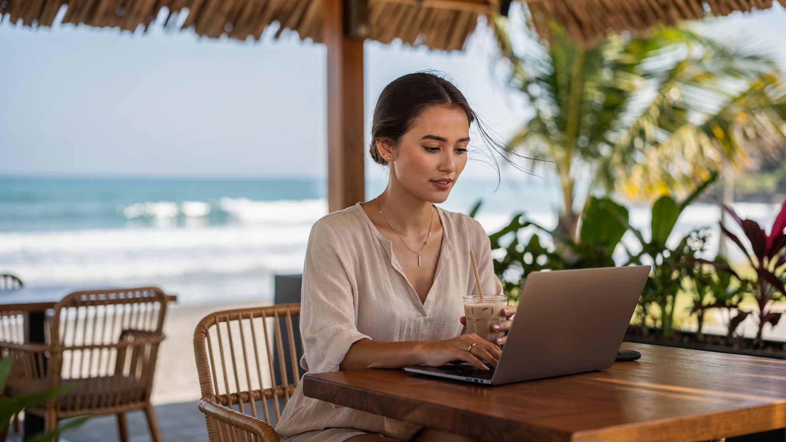 Seorang digital nomad wanita tersenyum sambil bekerja dari laptop di sebuah kafe tepi pantai di Canggu, Bali, dengan pemandangan ombak dan langit biru cerah di latar belakang.