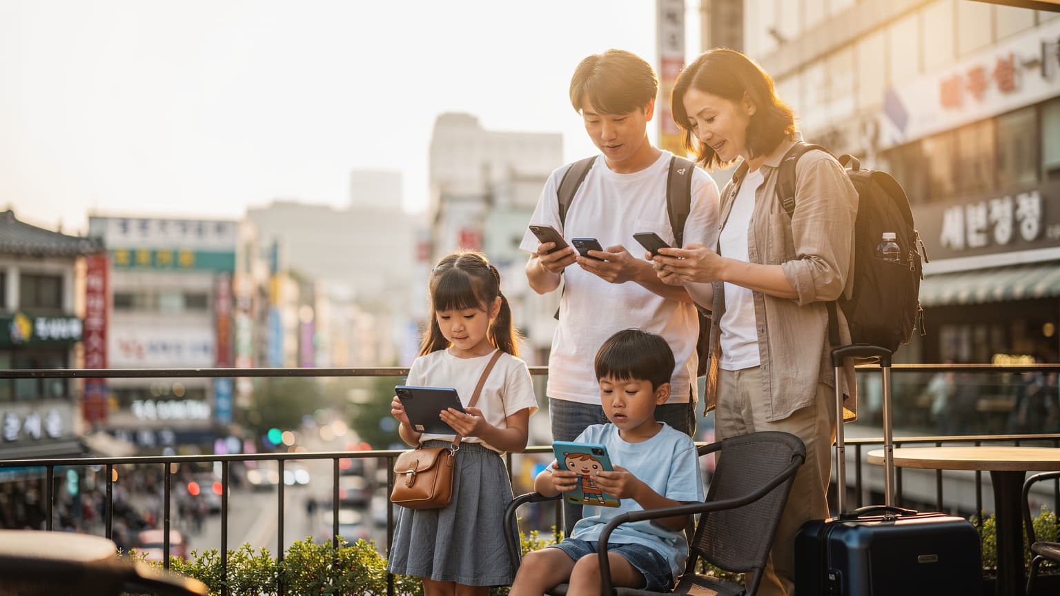 ソウルの景福宮を背景に、スマートフォンで地図アプリを確認している日本人家族の旅行者、その横には楽しそうに走る子供たちがいる光景。