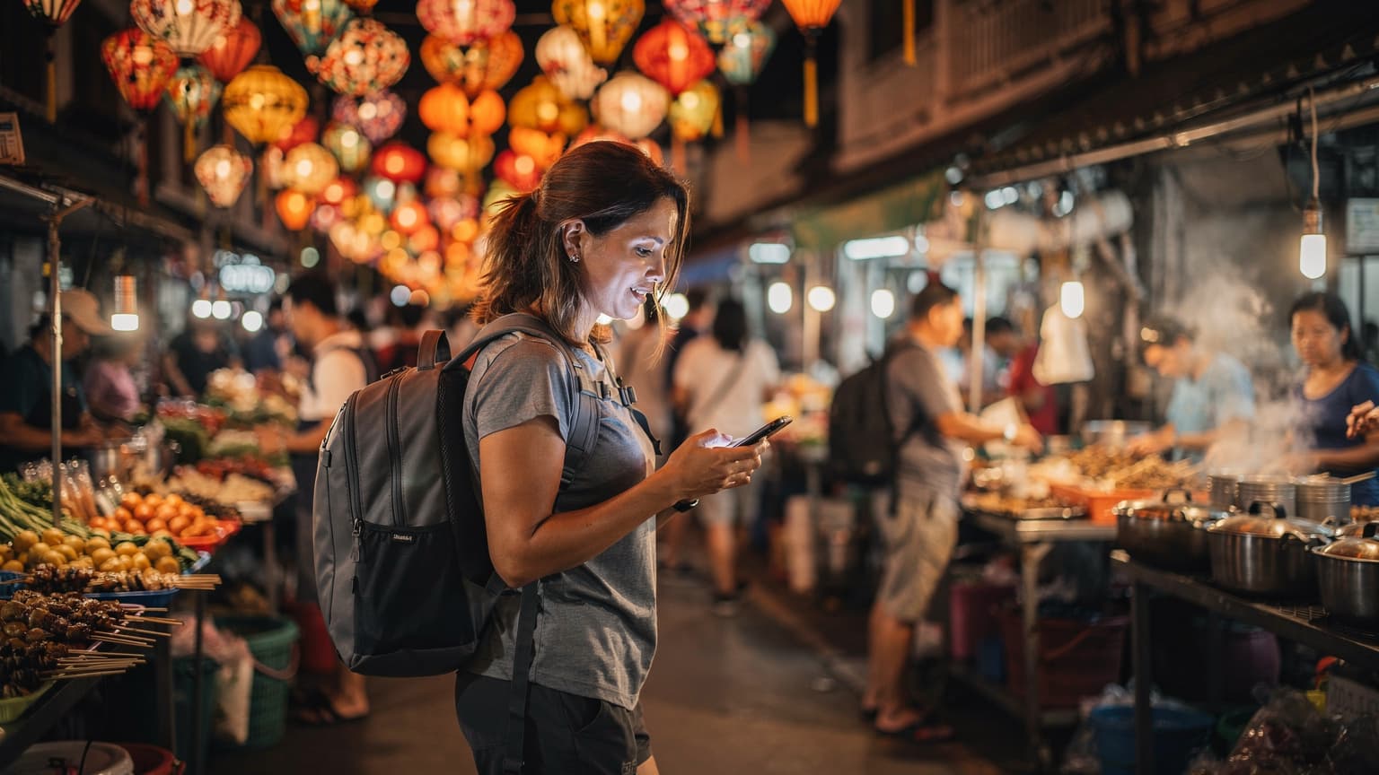 Une voyageuse navigue sur son téléphone en marchant dans le marché nocturne animé de Chiang Mai, des lanternes colorées illuminant l'arrière-plan.