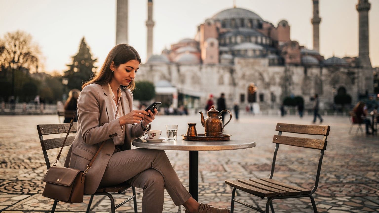 İstanbul'un Sultanahmet Meydanı'nda, Ayasofya ve Sultanahmet Camii manzarası eşliğinde, genç bir kadın kahvesini yudumlarken elindeki telefondan harita kontrol ediyor.