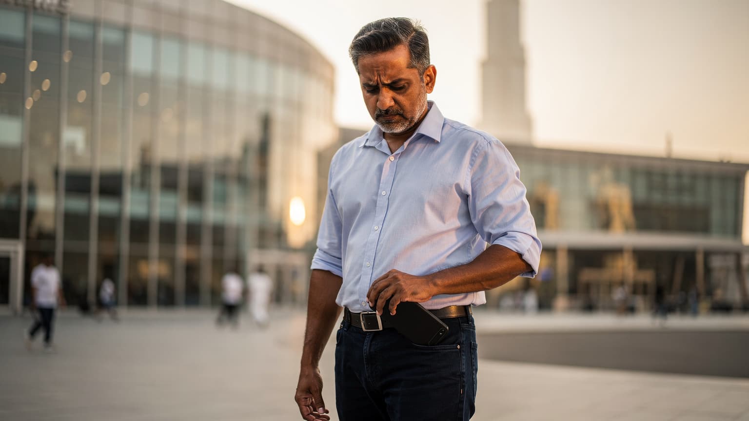 एक भारतीय व्यक्ति दुबई मॉल के पास अपनी जेब से स्मार्टफोन निकाल रहा है, उसके चेहरे पर हल्की चिंता है क्योंकि वह कनेक्टिविटी की समस्या सुलझाने की कोशिश कर रहा है.