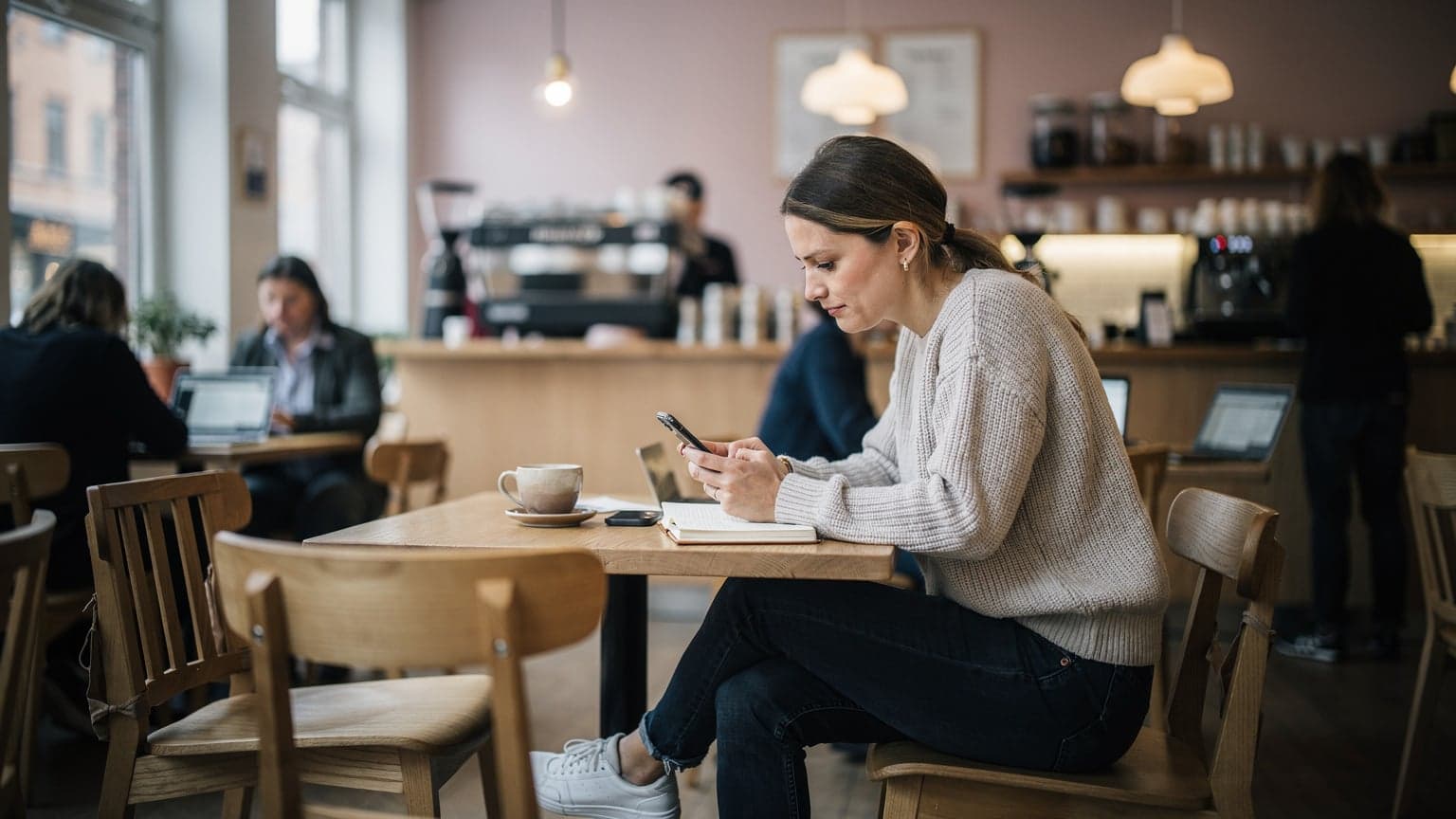 Une femme utilisant son téléphone portable dans un café animé du quartier de Södermalm à Stockholm, avec des laptops ouverts autour d'elle, la lumière du jour traversant de grandes fenêtres.
