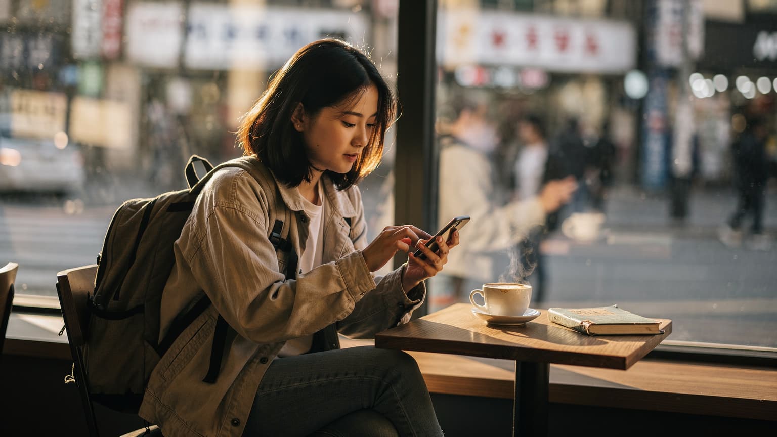 밝은 햇살이 드는 카페에서 아이폰을 들고 있는 한국인 여행객의 모습. 옆에는 라떼 한 잔과 작은 여행 가이드북이 놓여 있다.