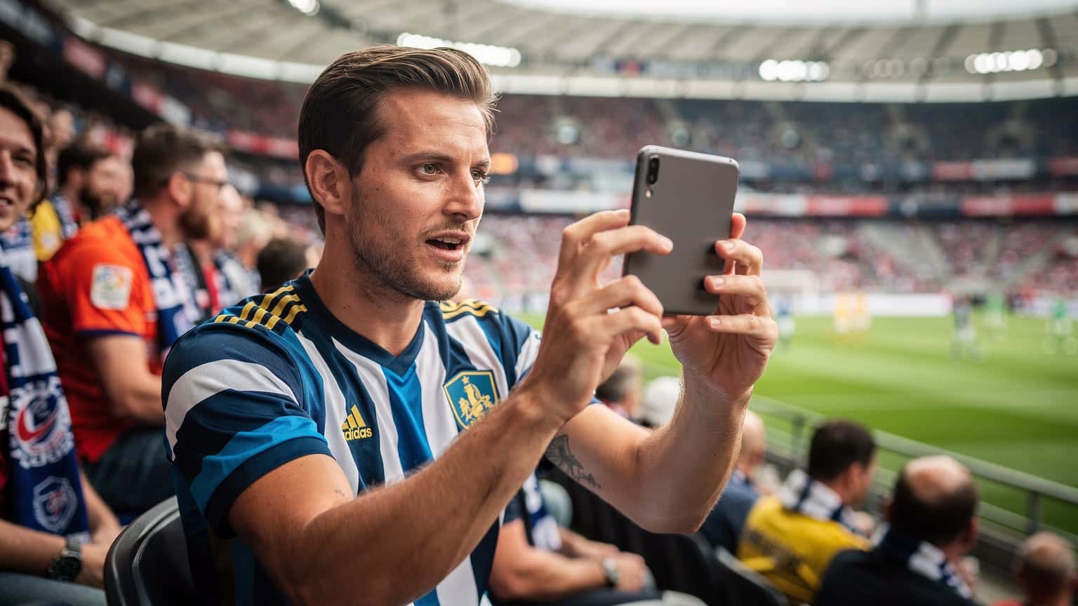 En fotbollsfan håller upp sin mobiltelefon på läktaren under en EM-match i Tyskland, med fokus på skärmen som visar en livestream eller sociala medier, omgiven av andra fans och den suddiga fotbollsplanen i bakgrunden.