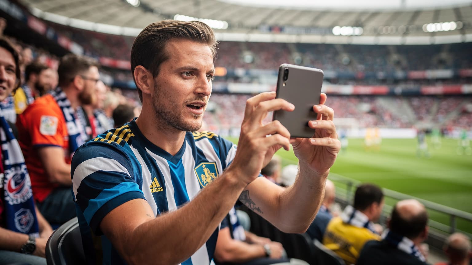 En fotbollsfan håller upp sin mobiltelefon på läktaren under en EM-match i Tyskland, med fokus på skärmen som visar en livestream eller sociala medier, omgiven av andra fans och den suddiga fotbollsplanen i bakgrunden.