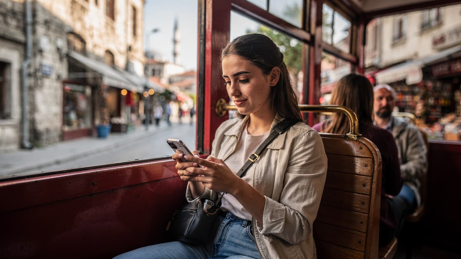 İstanbul'da tarihi bir tramvayda oturan, elinde akıllı telefonuyla Saily eSIM kurulum ekranına bakan genç bir kadın.