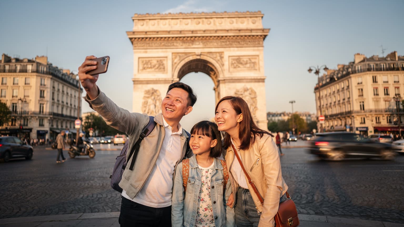 Một gia đình Việt Nam, gồm bố mẹ và hai con nhỏ, đang vui vẻ chụp ảnh selfie trước Khải Hoàn Môn ở Paris vào một buổi chiều đầy nắng.