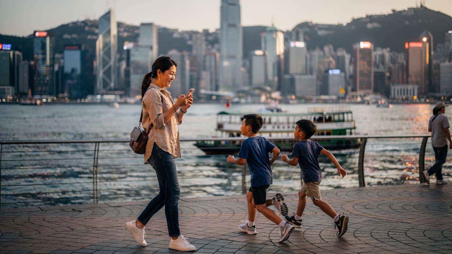一位母亲在香港维多利亚港旁,用iPhone查看eSIM设置,孩子们在一旁玩耍。