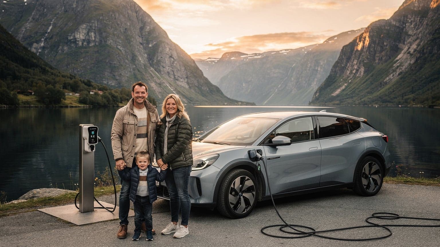 En familie på tre, mor, far og et barn, står smilende ved siden av sin elektriske SUV parkert ved en ladestasjon med en fantastisk utsikt over en norsk fjord i bakgrunnen, tidlig kveld.