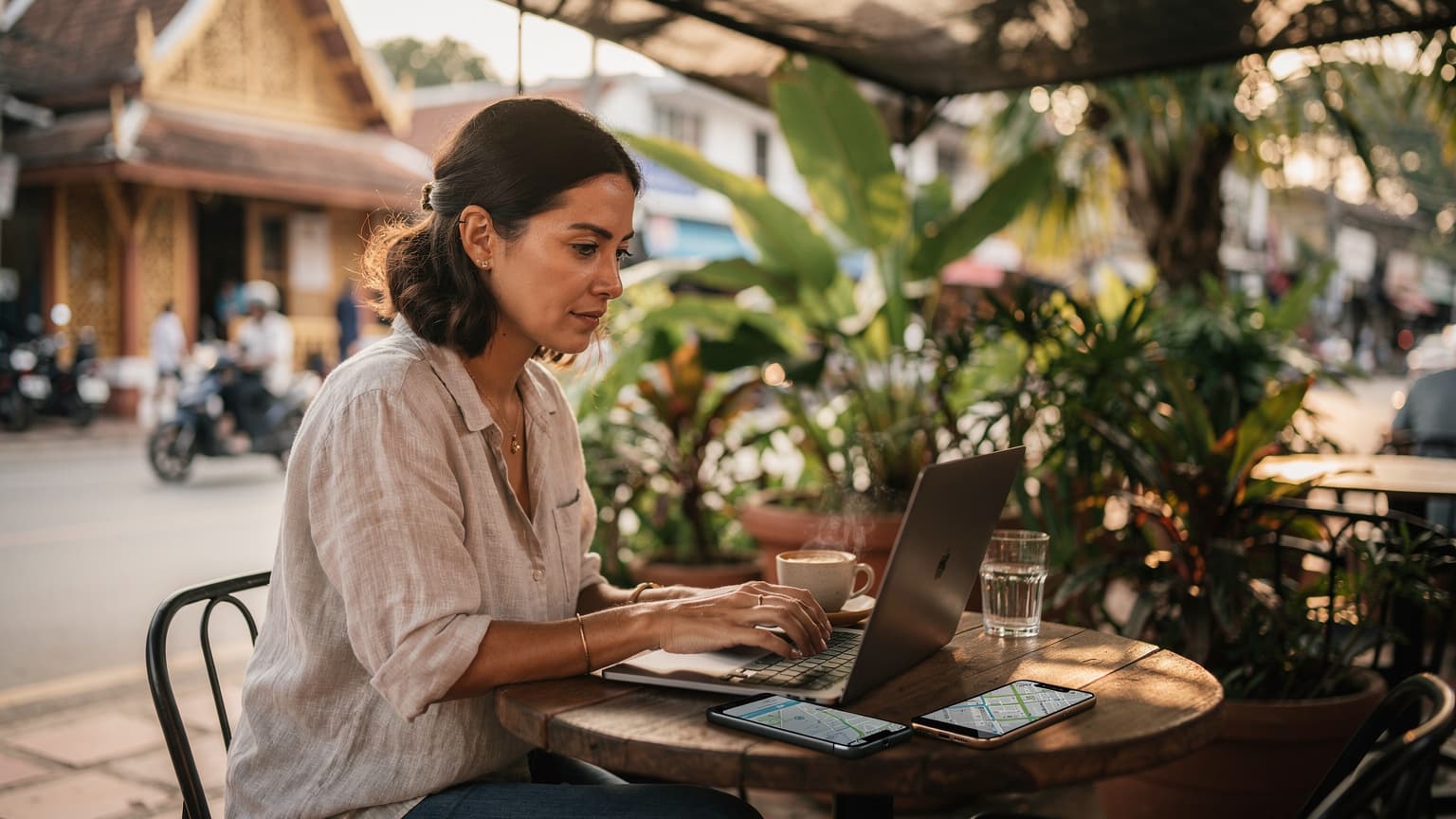 Una viaggiatrice digitale siede a un tavolo di un caffè all'aperto a Chiang Mai, in Thailandia, con il suo laptop e uno smartphone, sorseggiando un caffè freddo mentre lavora.