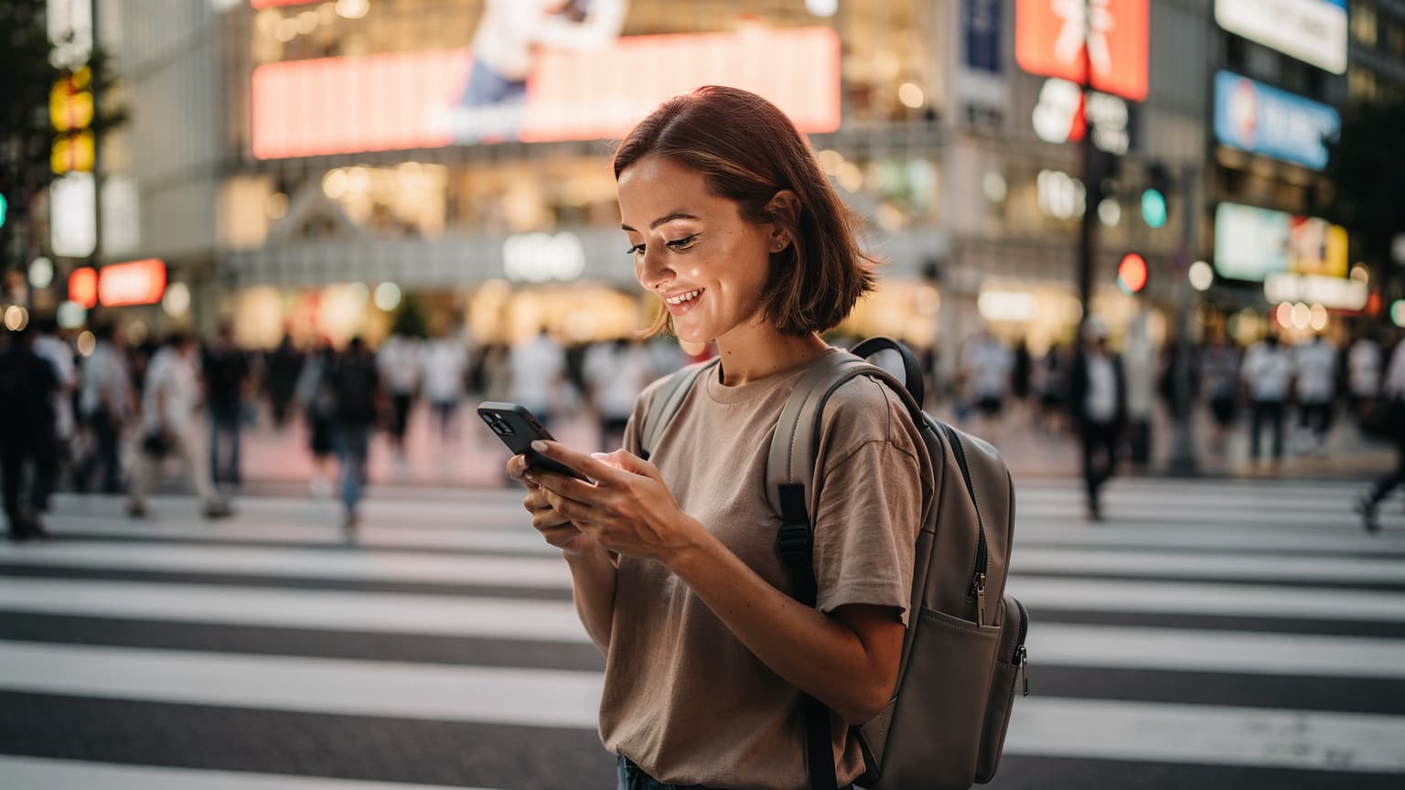 A woman confidently navigates her phone, checking an eSIM activation, while standing on a bustling street in Tokyo's Shibuya Crossing, surrounded by neon signs and pedestrians.