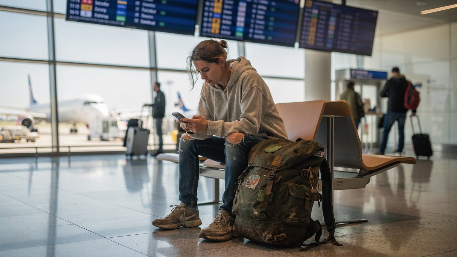 Une voyageuse avec un sac à dos, vérifiant son iPhone pour un transfert d'eSIM, assise sur un banc dans un terminal d'aéroport moderne à Paris CDG, avec des écrans d'information en arrière-plan.