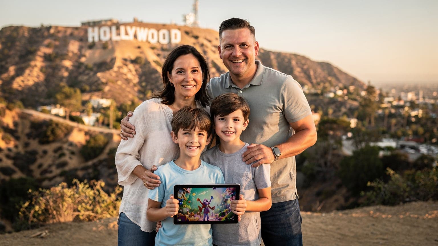 Une famille avec deux enfants, un iPad à la main, souriant devant le panneau emblématique de Hollywood lors d'un voyage en Californie, avec les collines en arrière-plan sous un soleil doux.