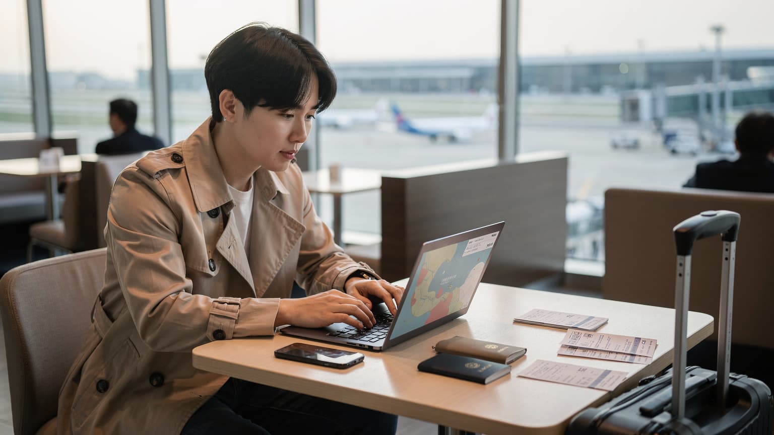 서울 김포공항 출국장 라운지에서 한 여행자가 노트북과 스마트폰을 테이블에 놓고 해외여행 준비를 하고 있는 모습. 창밖으로 활주로가 보인다.