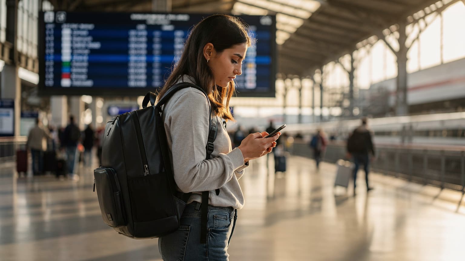 A woman confidently navigating her smartphone for travel information at a bustling train station in Florence, Italy, with a large departures board in the background.