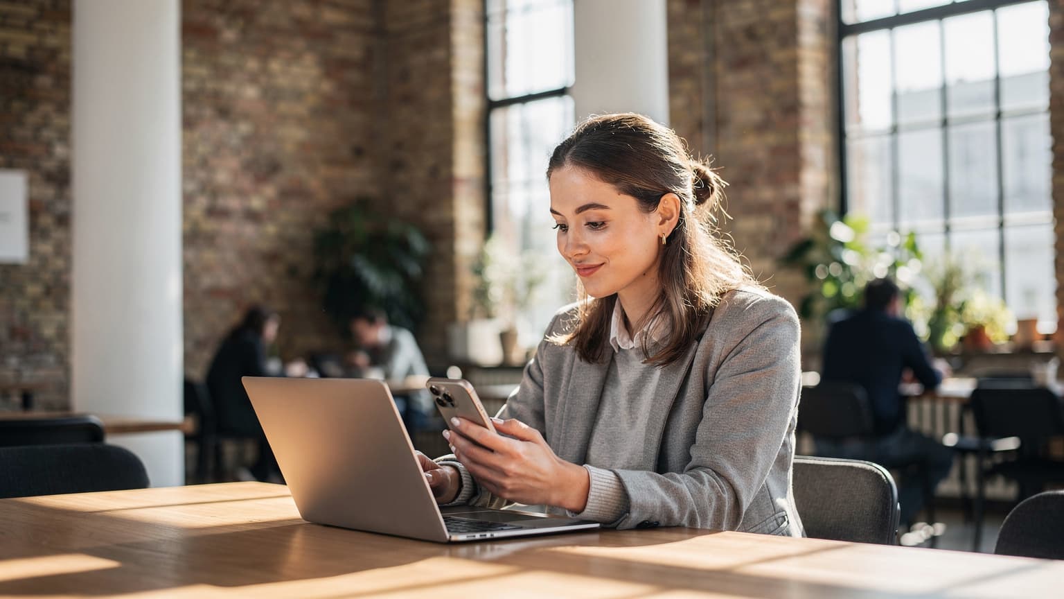 Eine junge Frau, gekleidet in leichte Reisekleidung, sitzt entspannt in einem modernen Co-Working Space in Berlin-Mitte, ihr iPhone liegt geöffnet neben einem Notizbuch auf dem Tisch, während sie eine Tasse Kaffee trinkt und lächelnd auf ihr Tablet blickt.