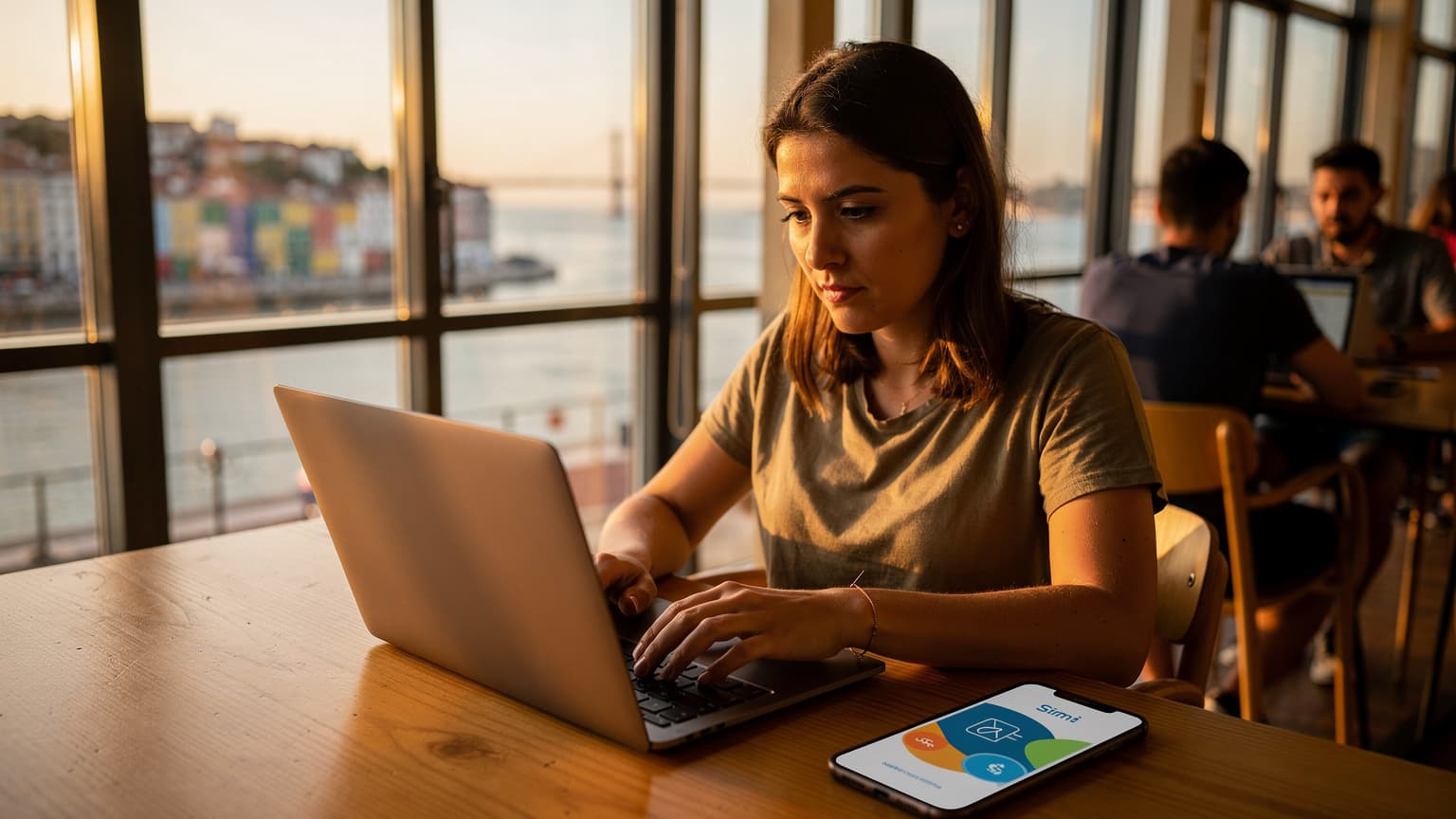 A digital nomad sits in a bustling co-working space in Lisbon, Portugal, focused on her laptop with a smartphone displaying an eSIM activation screen nearby.