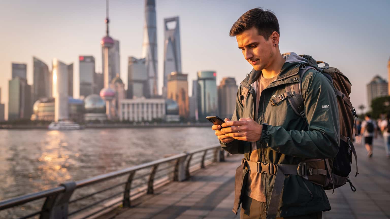 Ein junger Backpacker in Shanghai, der auf seinem Smartphone eine eSIM einrichtet, während im Hintergrund der Bund und die futuristischen Hochhäuser von Pudong bei Sonnenuntergang leuchten.