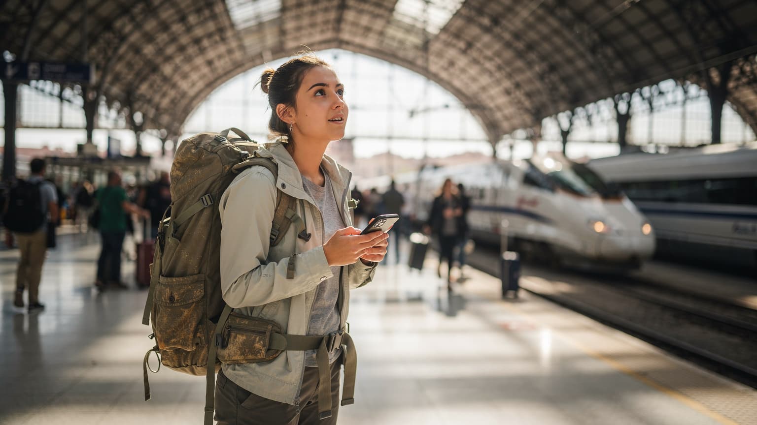 Una viajera joven con mochila y su iPhone en mano, consultando un mapa digital mientras espera en la estación de tren de Atocha en Madrid, con los trenes de alta velocidad al fondo.