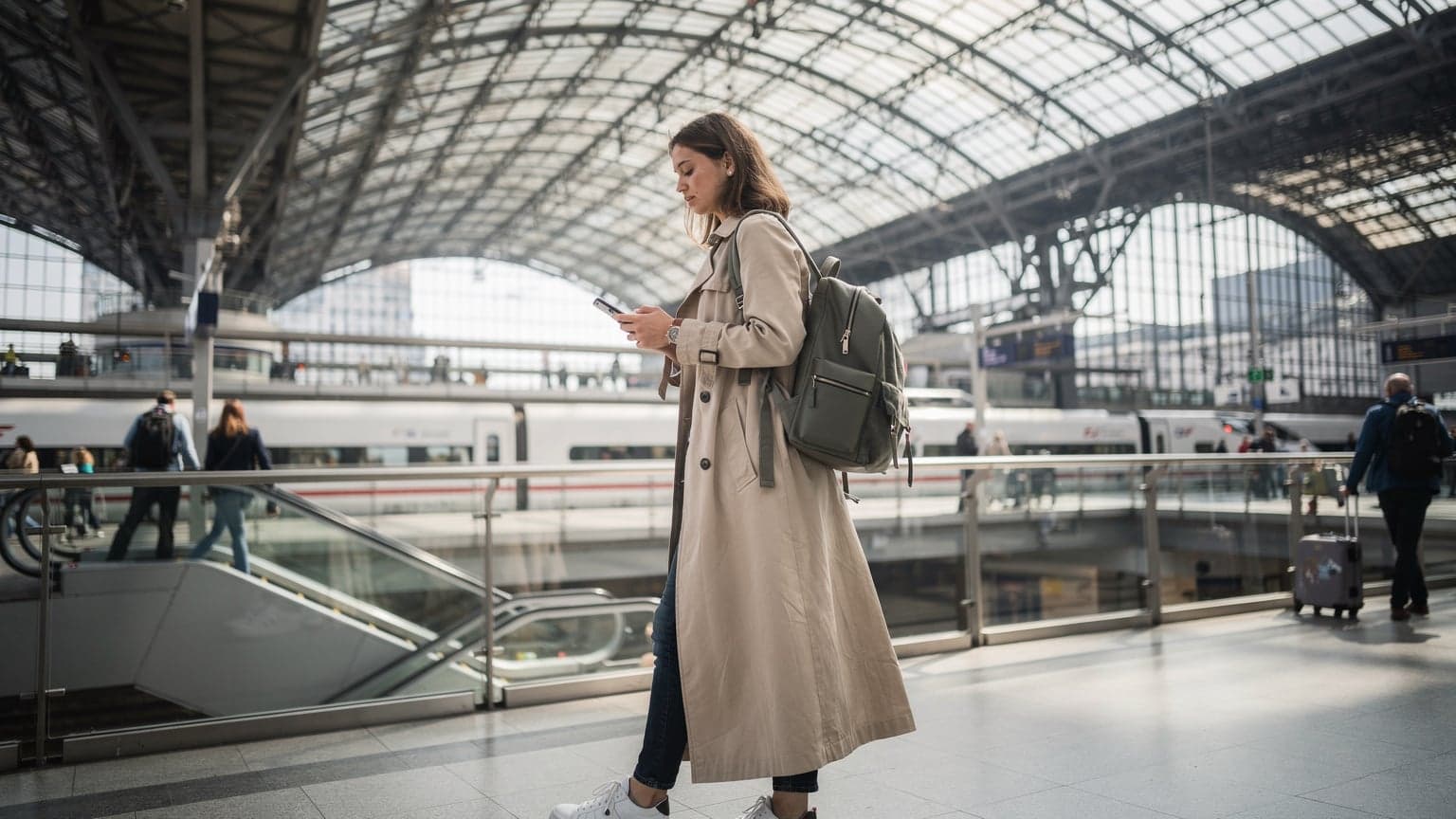 A woman confidently navigating a busy European train station concourse, looking at her phone for directions, with a multi-country eSIM ensuring seamless connectivity.